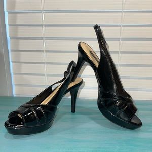 Alex Marie peep toe sling, patent leather heel.